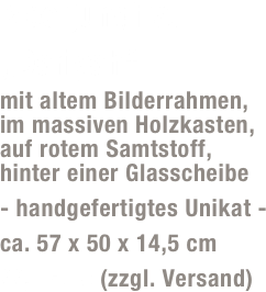 Meerjungfrau  „Dariyah“
mit altem Bilderrahmen,  im massiven Holzkasten,  auf rotem Samtstoff,  hinter einer Glasscheibe
- handgefertigtes Unikat -
ca. 57 x 50 x 14,5 cm
99,- Euro (zzgl. Versand)