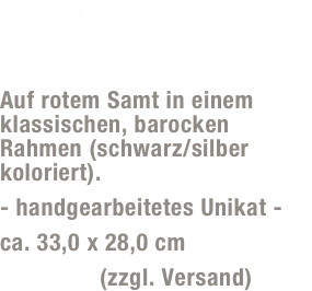 3D-Bild „Vampirfledermaus 1“
Auf rotem Samt in einem klassischen, barocken Rahmen (schwarz/silber koloriert).  
- handgearbeitetes Unikat -
ca. 33,0 x 28,0 cm 
49,- Euro (zzgl. Versand)